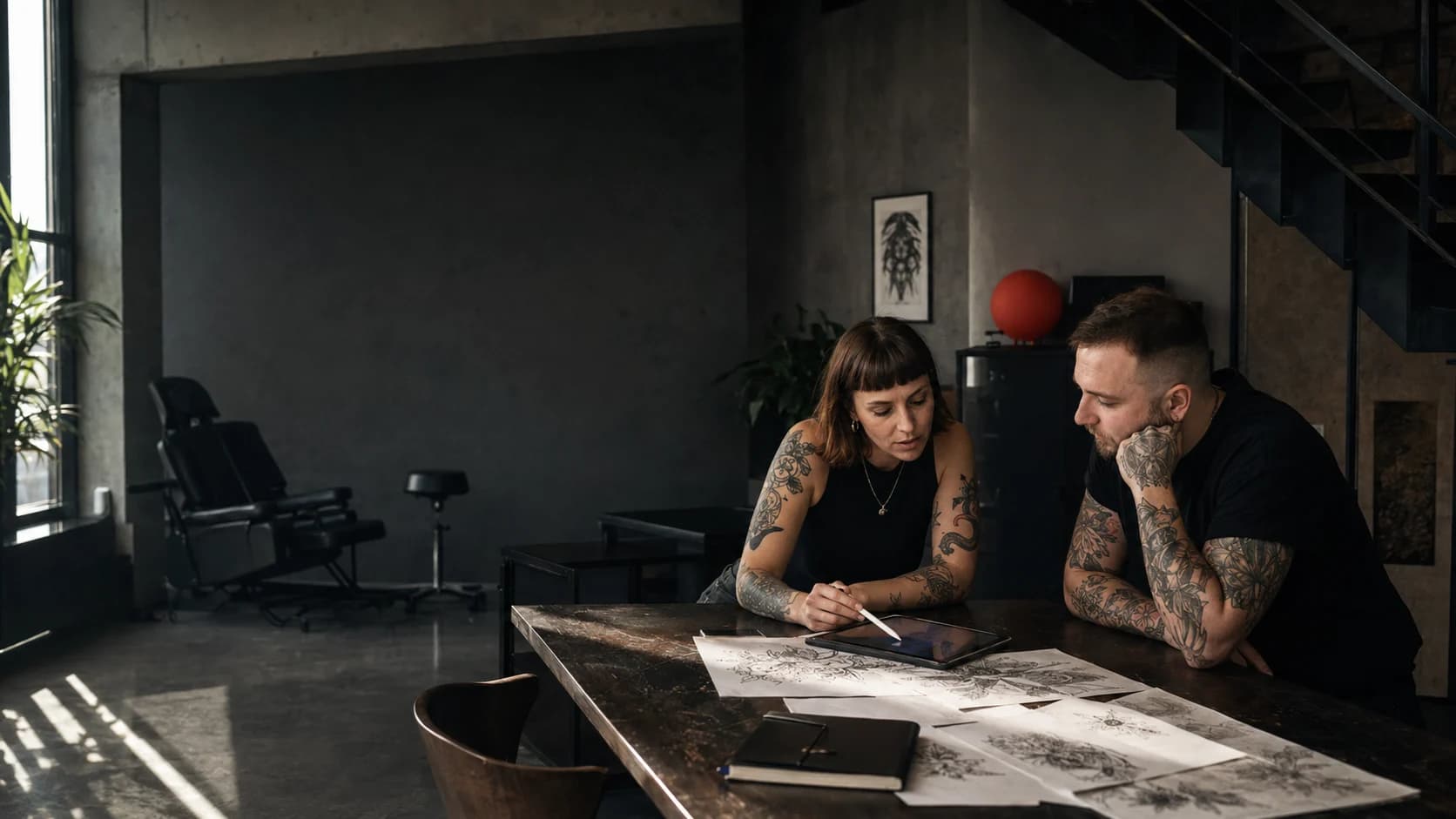 Tatuatorka i klient omawiają projekt przy stole w studiu