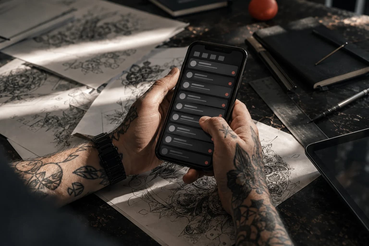 Dłonie trzymają telefon nad stołem pełnym szkiców