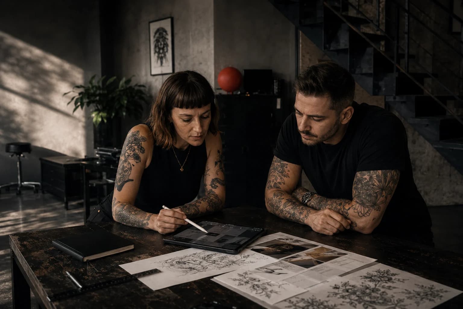 Tatuatorka i klient wspólnie przeglądają uporządkowany brief